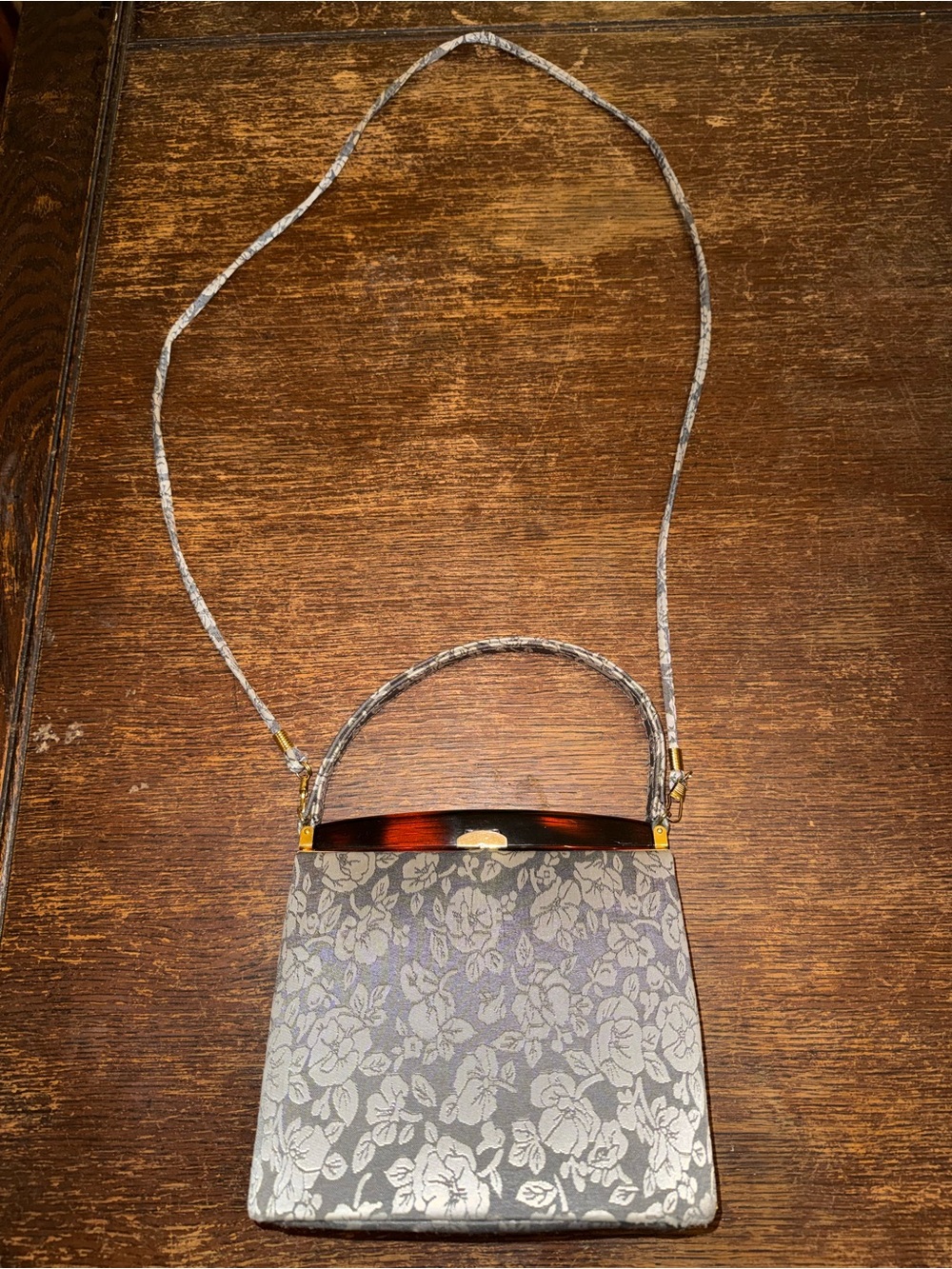 EUC vintage great floral brocade crossbody handbag with tortoiseshell frame